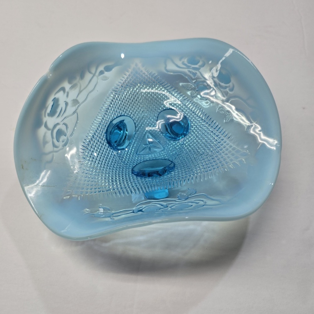 Antique Jefferson Northwood Blue Opalescent Glass Bowl Tri-Footed Candy Dish